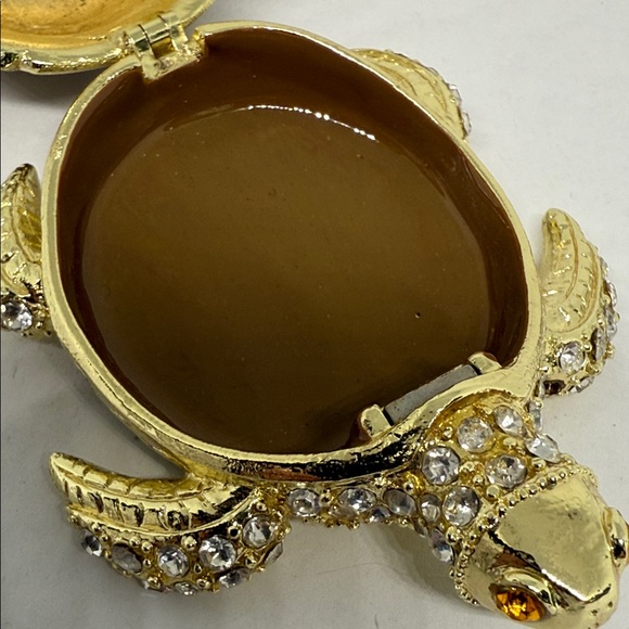 Large Gold tone Brown Rhinestones Orange eyes metal trinket box secret stash - Picture 7 of 12